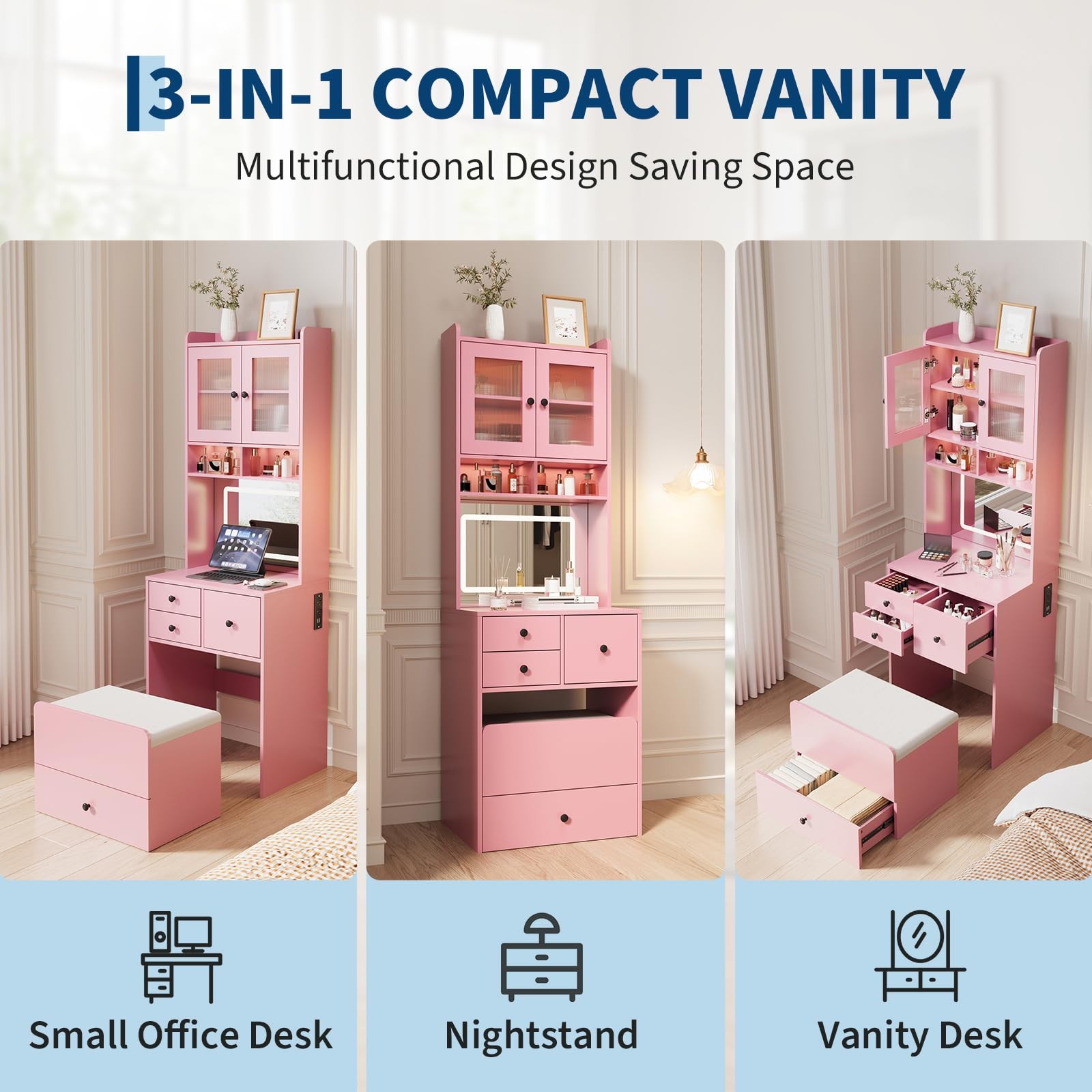 3-in-1 Vanity Desk 3-Color LED Mirror Charging Station Cabinet Drawers Stool