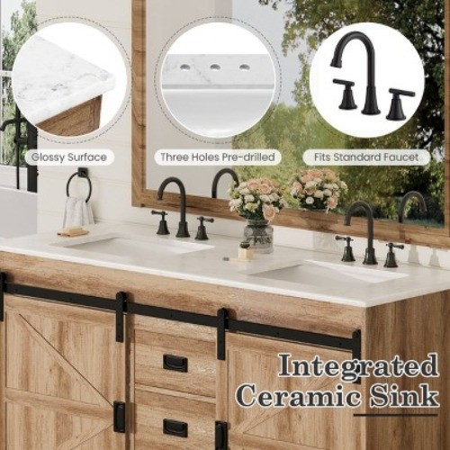 60″ Double Sink Bathroom Vanity, Farmhouse Cabinet With Stone Top Barn Door