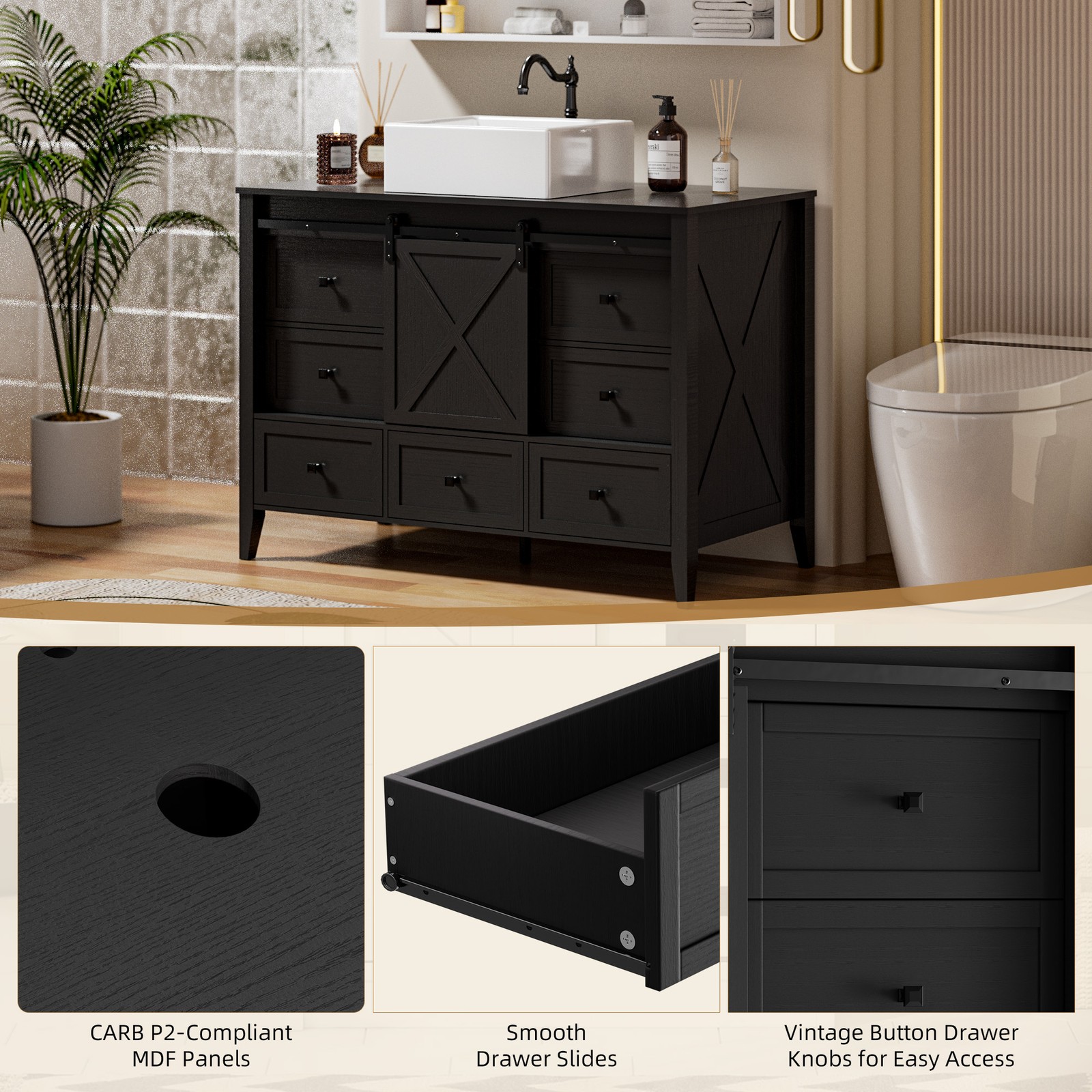 48” Bathroom Vanity w/ Single Sink Ceramic Freestanding Cabinet 7 Drawers & Door