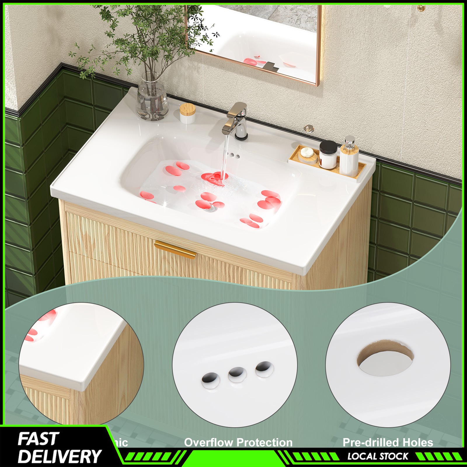 31″ Bathroom Vanity with Ceramic Sink, Modern Storage Cabinet w/ Doors & Drawers