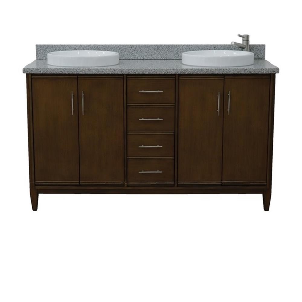 Pemberly Row 61″ Double Round Sink Vanity with Gray Granite Stone in Walnut