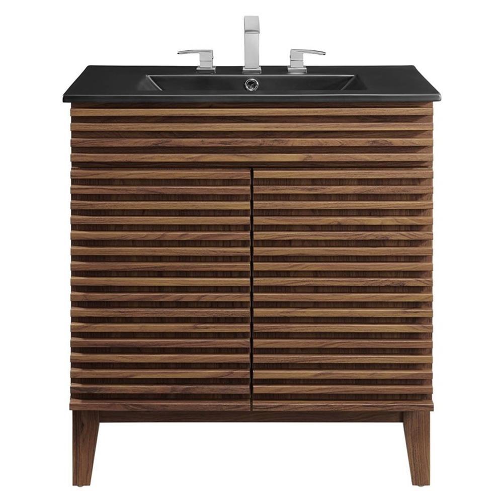 Modway Render 30″ Modern Wood/Ceramic Bathroom Vanity in Walnut/Black