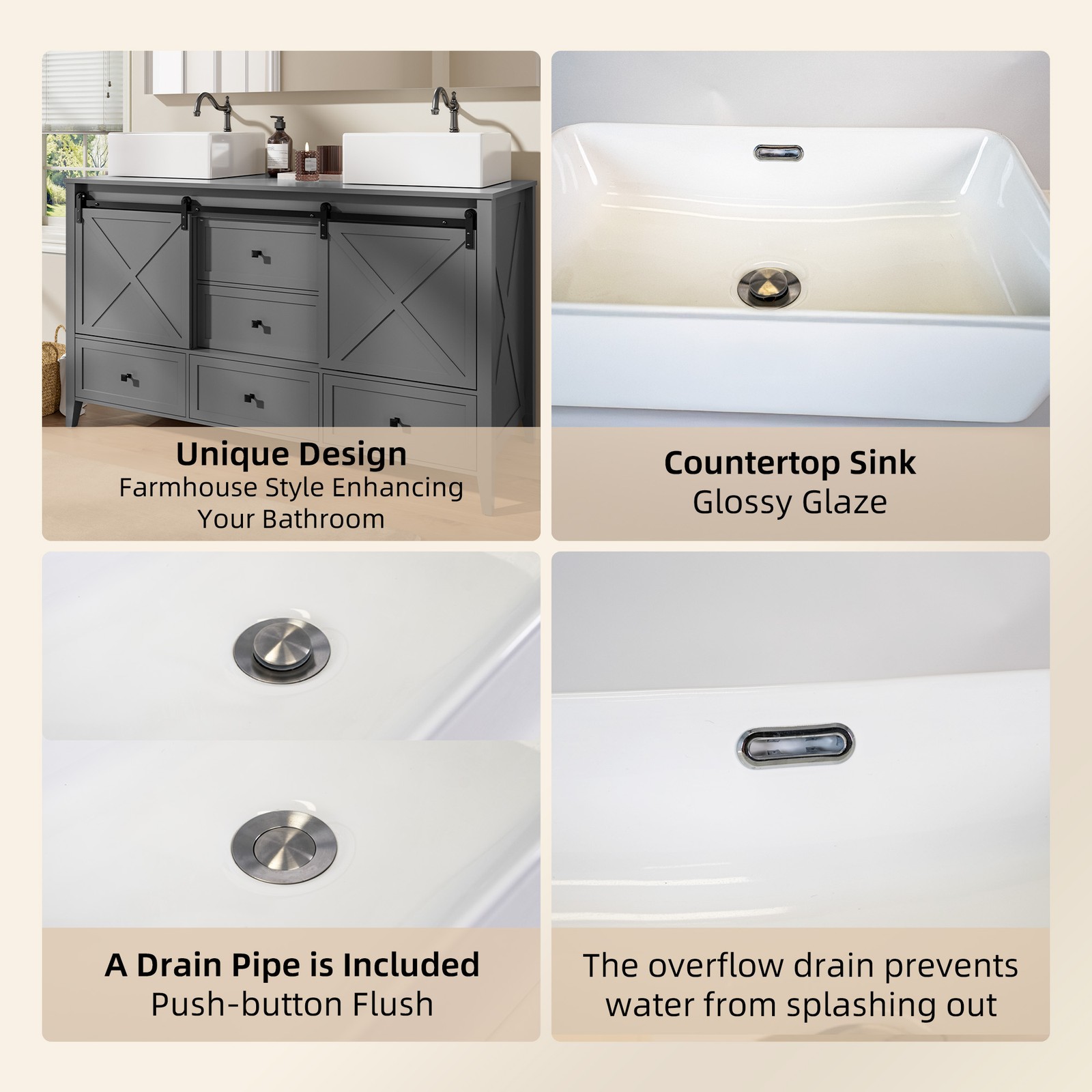 60-inch Grey Bathroom Vanity with Ceramic Sink Combo Abundant Storage Cabinet US