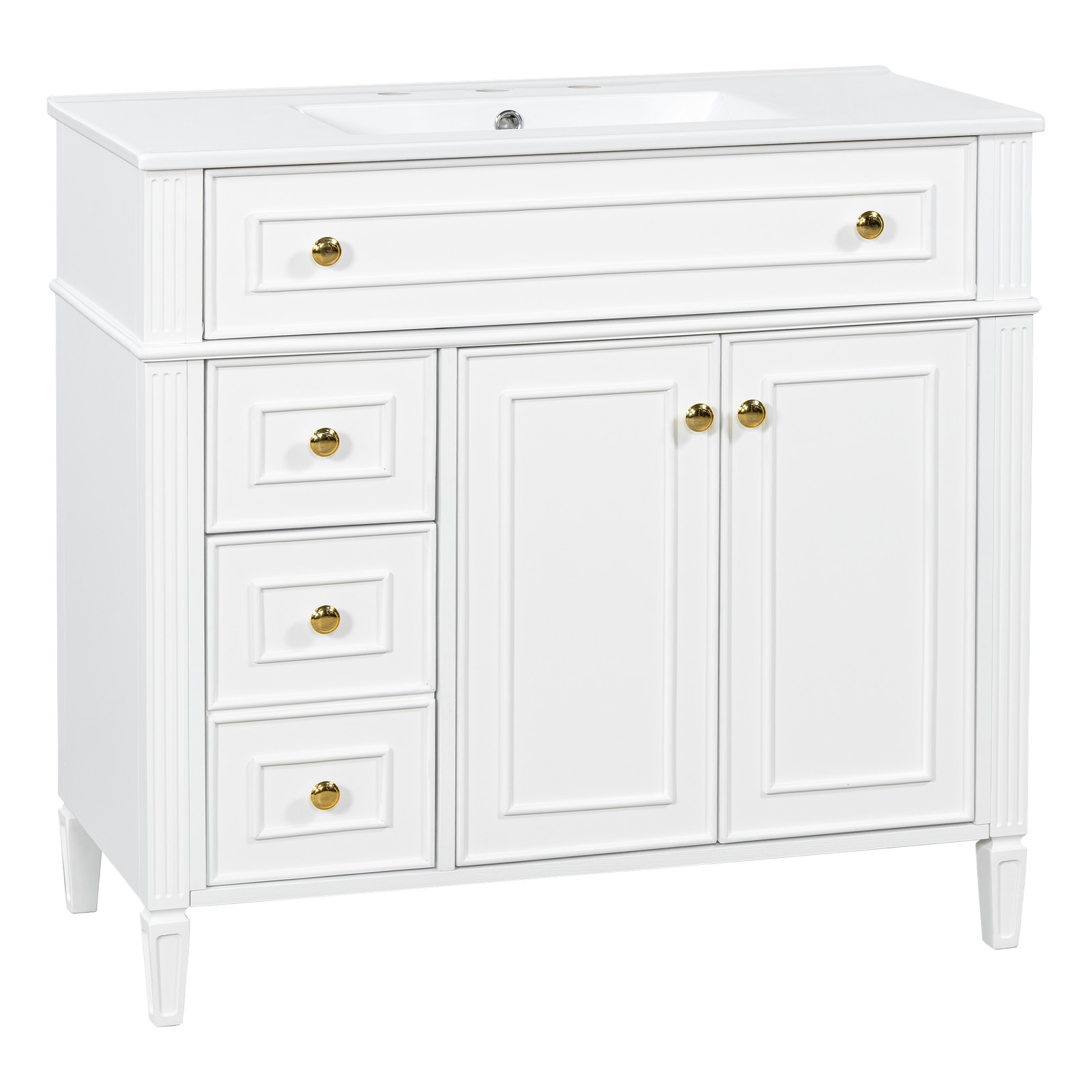 White 36 Inch Bathroom Vanity with Sink, Solid Wood Cabinet, Gold Handles