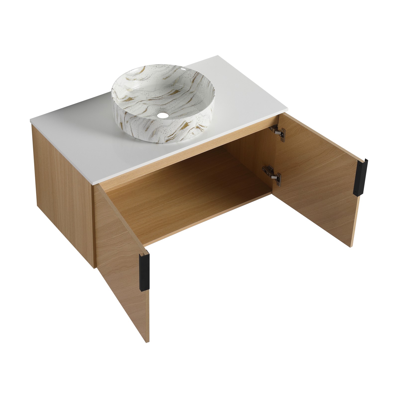36 in Wall-Mounted Bathroom Vanity W/ Ceramic Vessel Sink Artificial Stone Slab