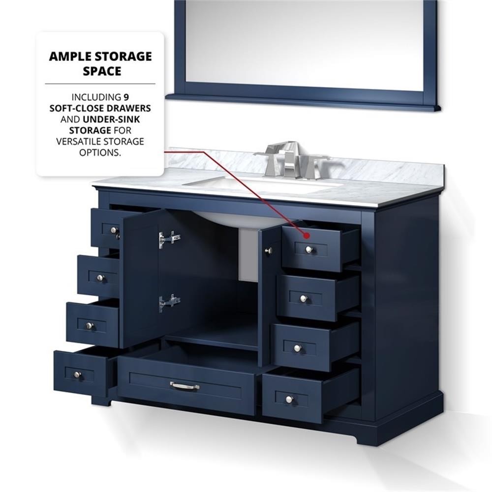 Lexora Home Dukes 48″ Carrara Marble Top Single Vanity with Sink in Navy Blue