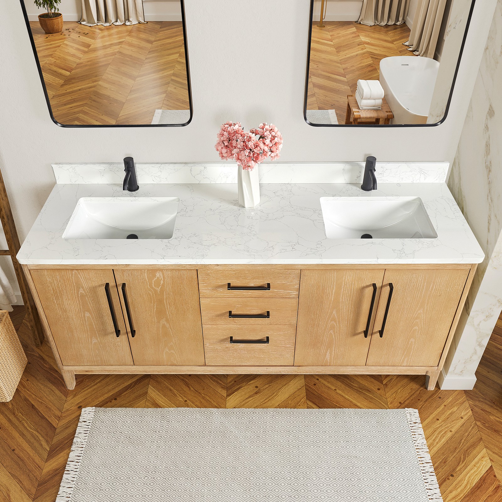 Gara 72″ Double Bath Vanity in Washed Ash Grey with White Grain Composite Stone