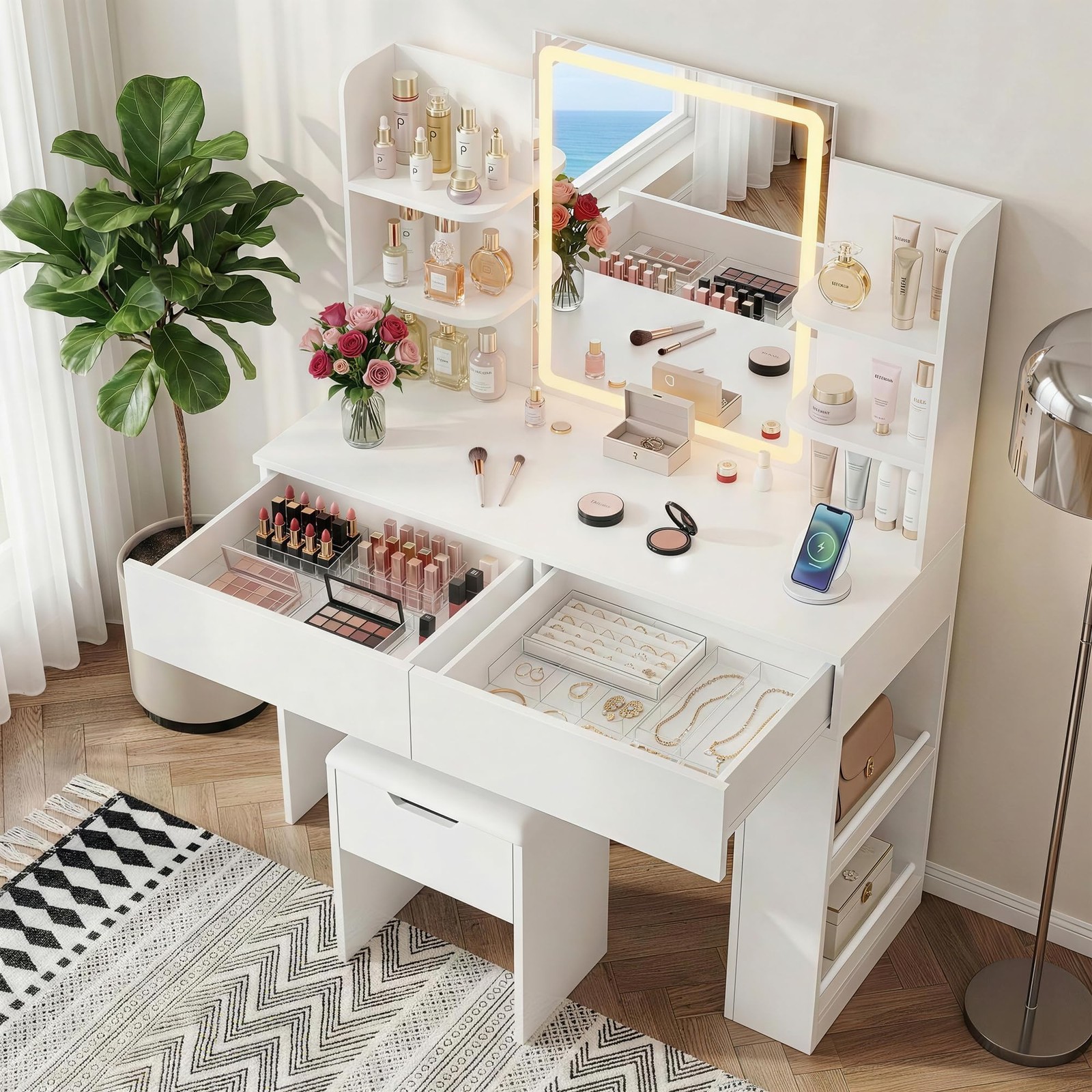 3 Color Dimmable LED Vanity Desk with Mirror 2 Drawers Storage Bench White