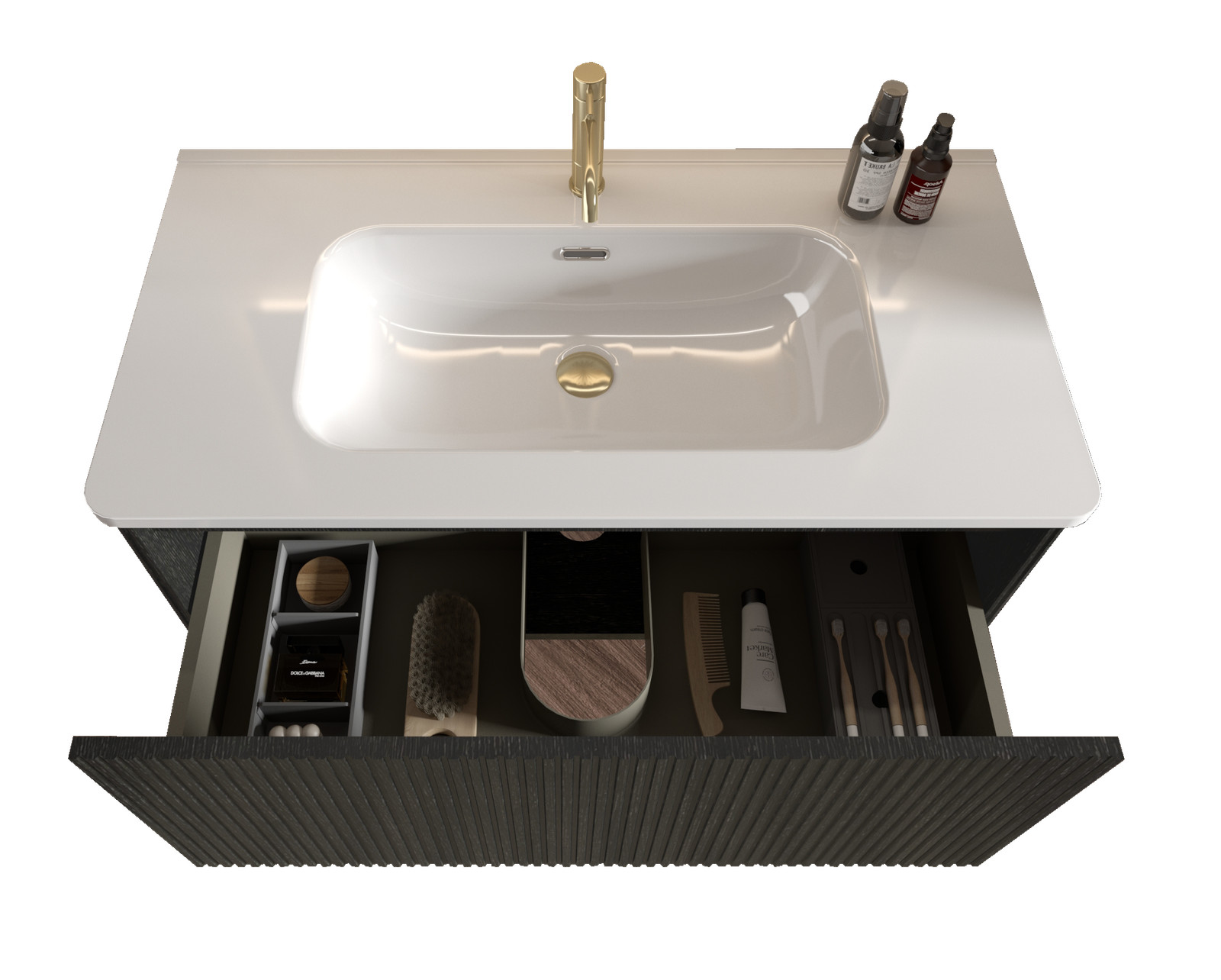 Etna 36″ Brushed Black Oak Floating Bathroom Vanity with White Ceramic Sink