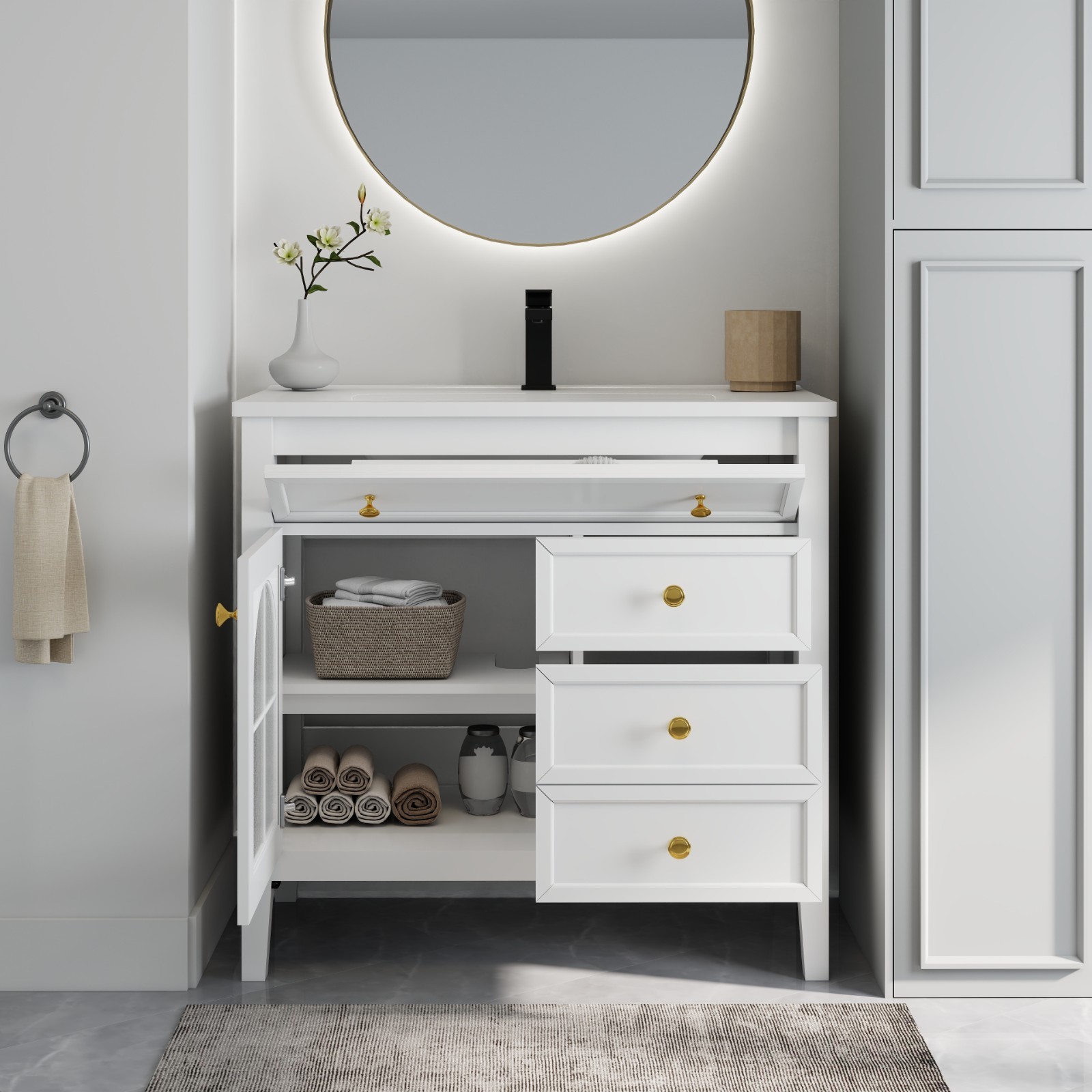 35.6″ Bathroom Vanity Storage Cabinet w/ Ceramic Sink Glass Motion Sensor Light