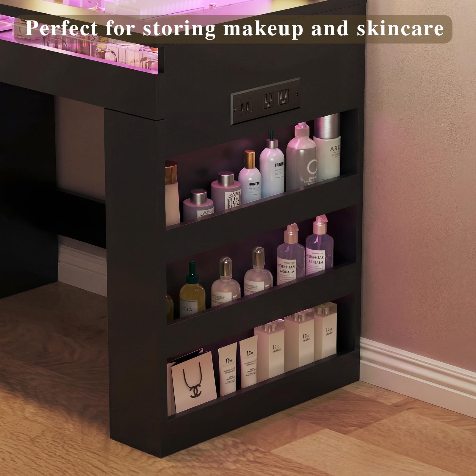 Vanity Desk Lighted Mirror Transparent Drawers RGB Power Outlet Storage Bedroom