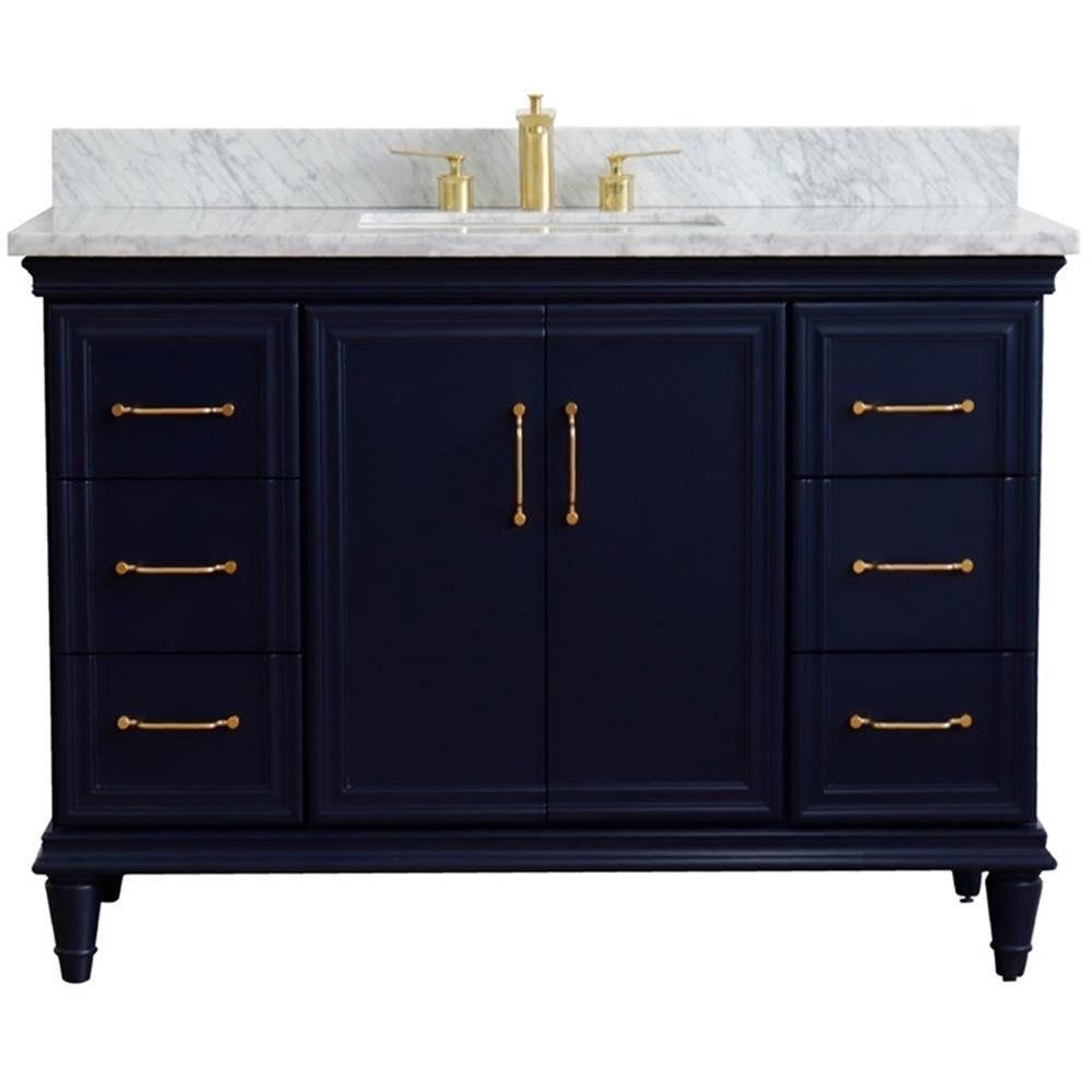 49 in. Single Wooden Vanity Blue with White Carrara Marble Rectangle Sink