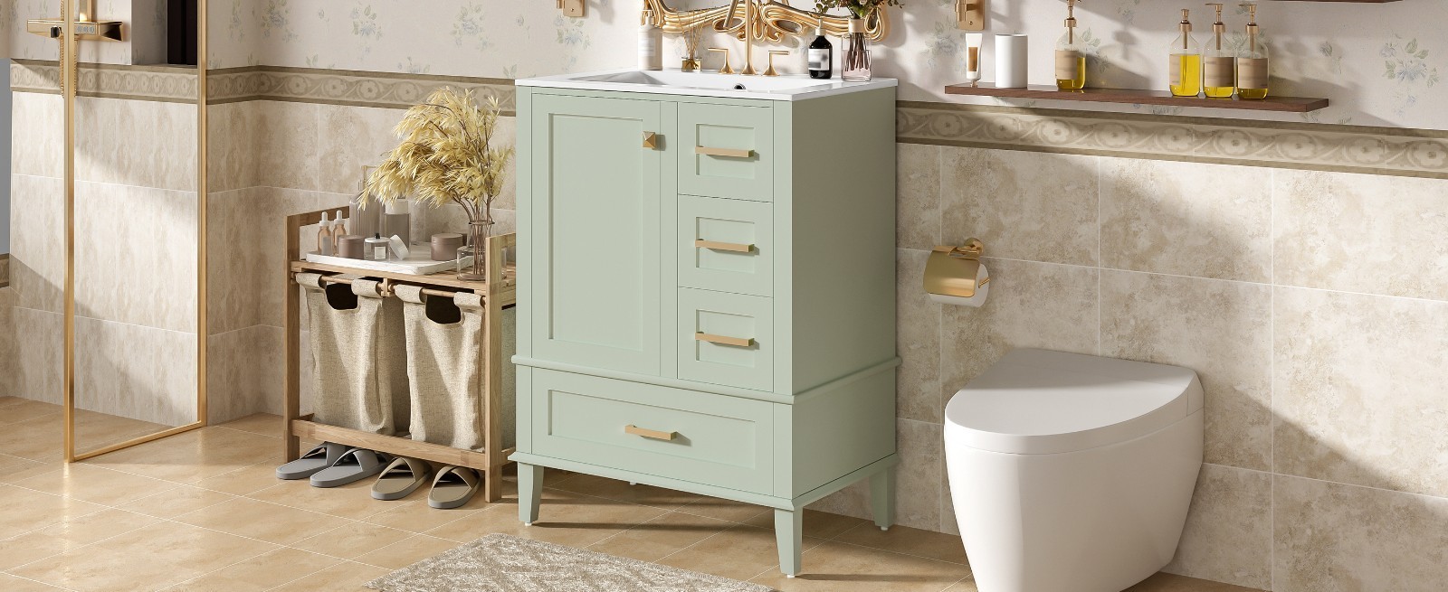 24.8″ Bathroom Vanity with Ceramic Sink,Freestanding Storage Cabinet w/Drawers