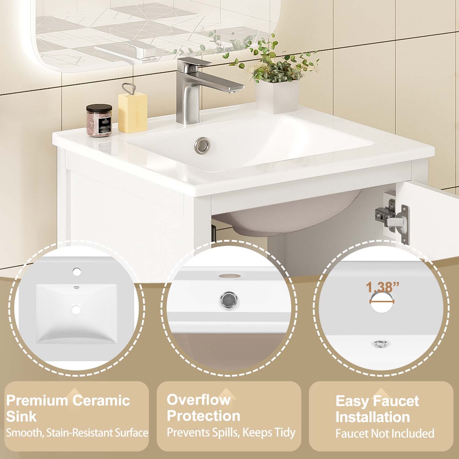 20″ Small Bathroom Vanity Ceramic Sink Combo Soft Close Storage Cabinet White