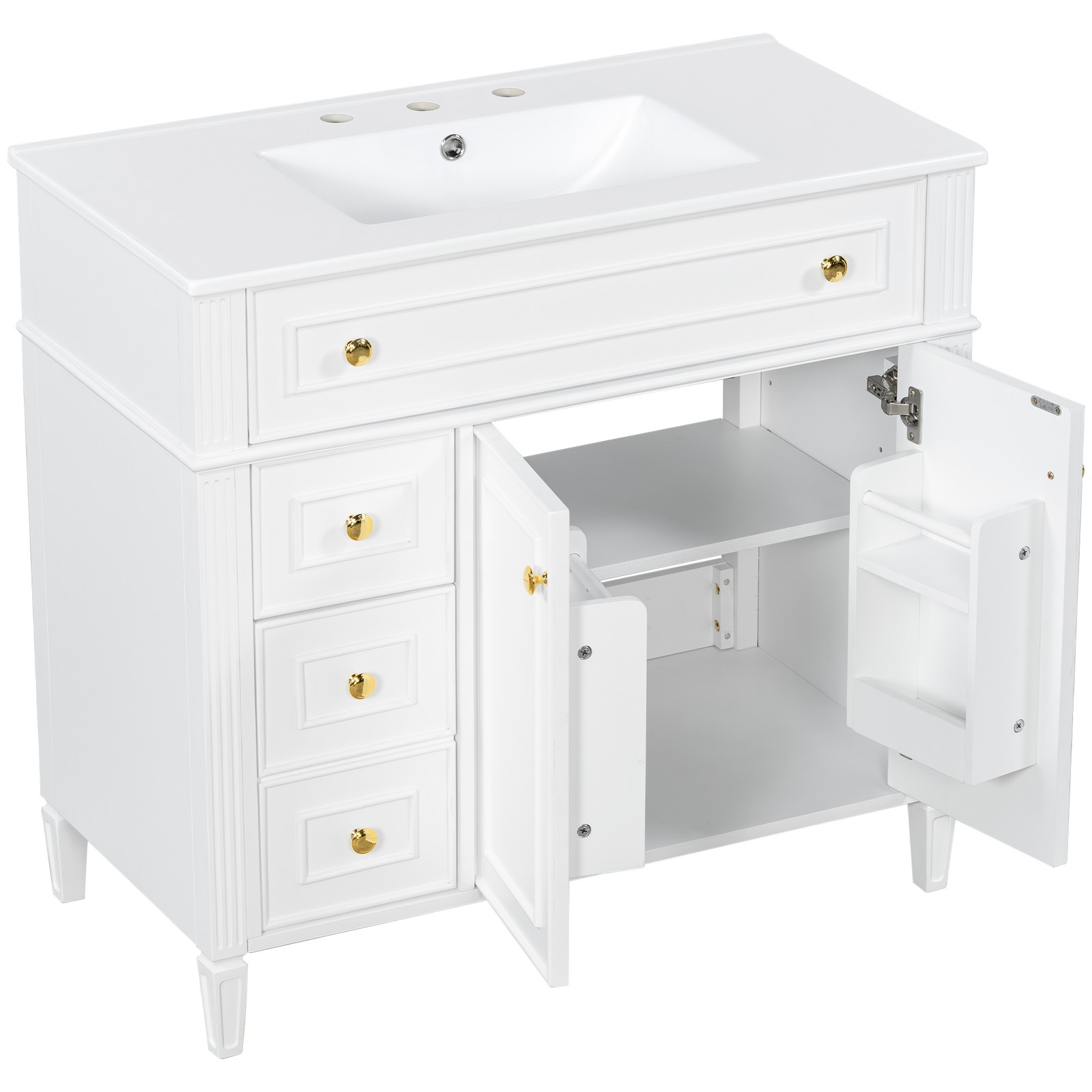 White 36 Inch Bathroom Vanity with Sink, Solid Wood Cabinet, Gold Handles