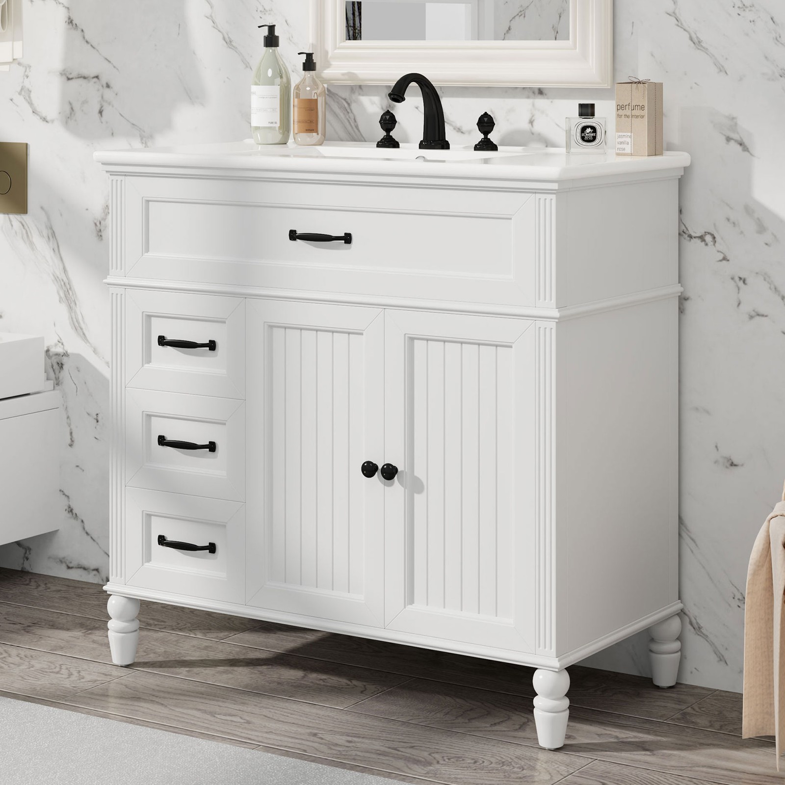 36″ Bathroom Vanity w/Ceramic Sink, Storage Cabinet w/Soft-Close Doors & Drawers