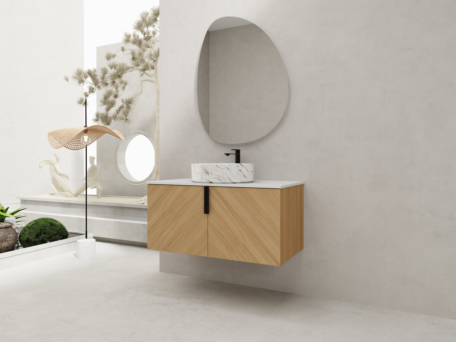 36 in Wall-Mounted Bathroom Vanity W/ Ceramic Vessel Sink Artificial Stone Slab