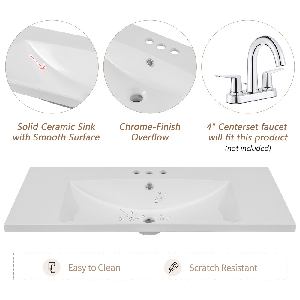 36″ Single Bathroom Vanity Top with White Basin, 3-Faucet Holes, Ceramic, White