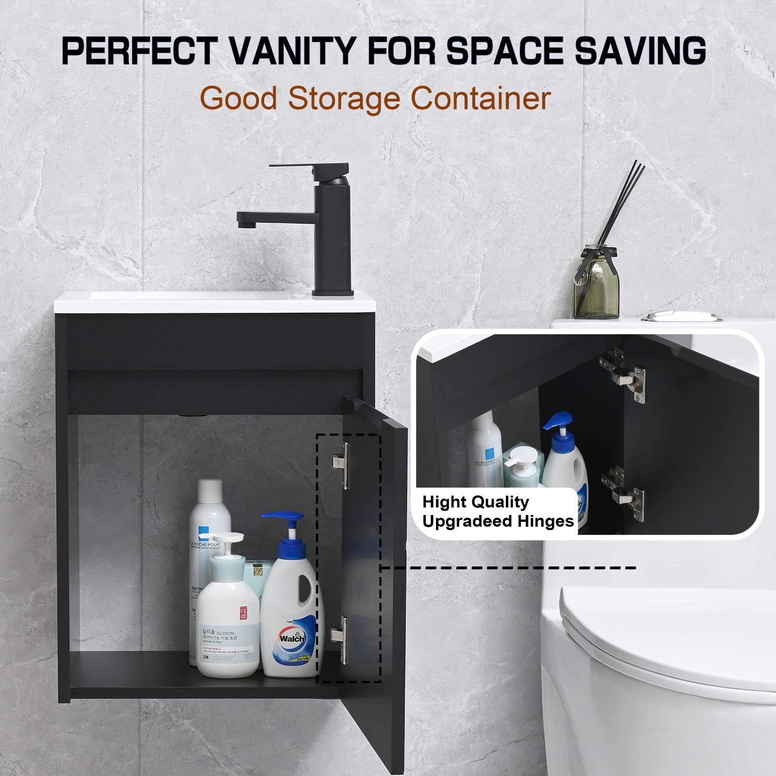 16″ Wall Mounted Bathroom Vanity Sink Combo, Small Space Cabinet Set, Black Fauc