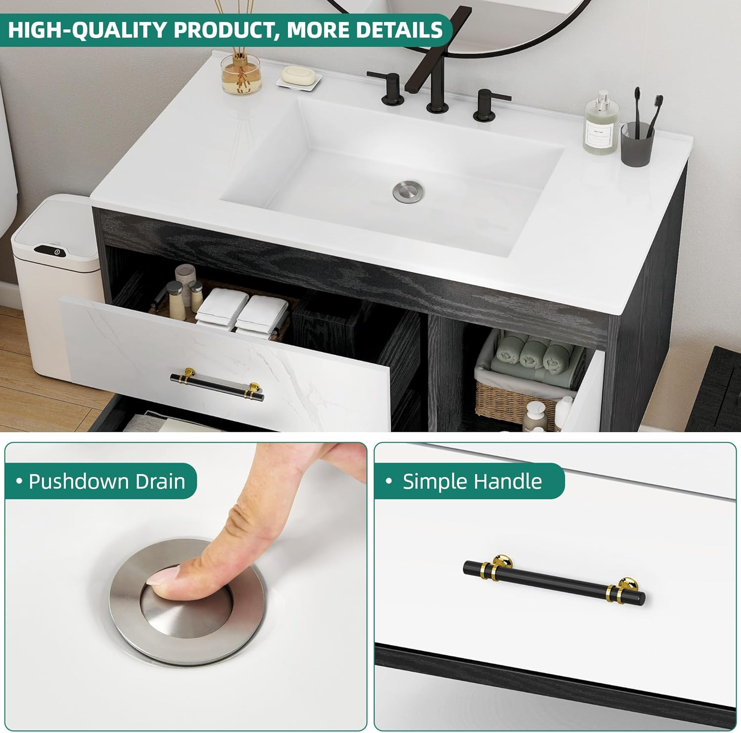 Modern 37″ Floating Bathroom Vanity with Sink & 2 Drawers – Wall Mounted