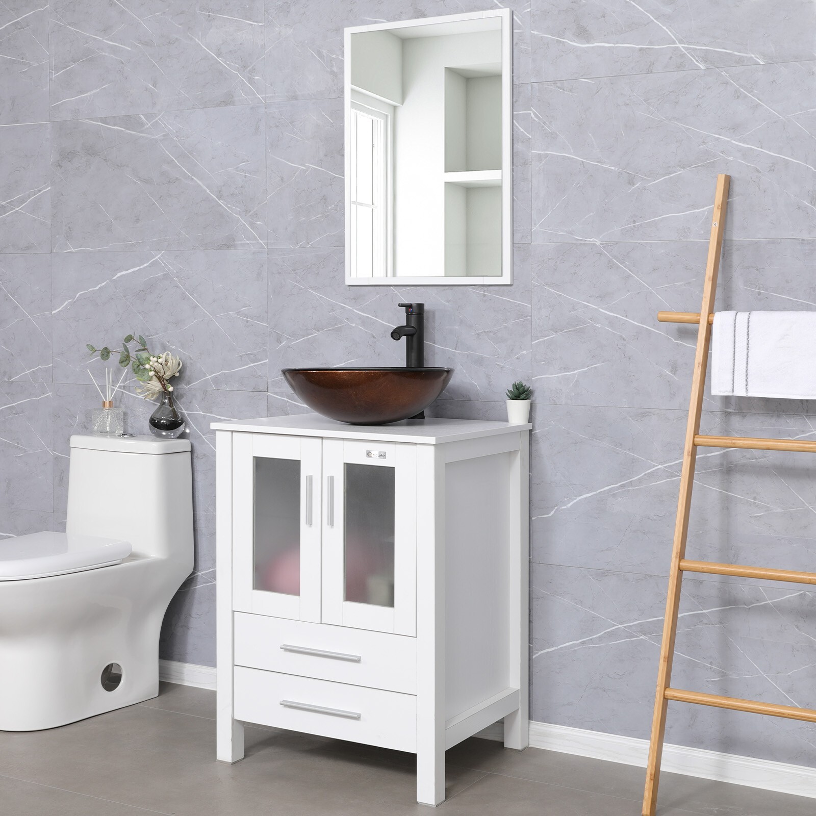 24″ White Bathroom Vanity Set W/Glass Vessel Sink Faucet Mirror Cabinet Combo