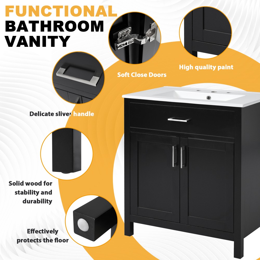 NEW 30″ Bathroom Vanity Ceramic Sink Soft Close 2 Doors 1 Drawer Storage Cabinet
