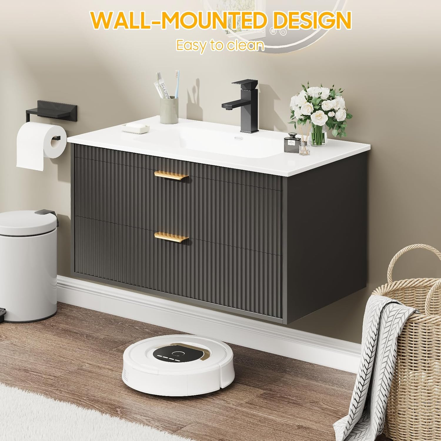 30 Inch Bathroom Vanity with Sink, Wood Grain Wall Mounted Vanity with 2 Storage
