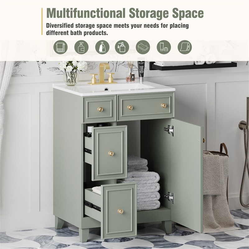 24″ Green Bathroom Vanity Cabinet with Ceramic Sink,2 Drawers,1 Soft-Close Door