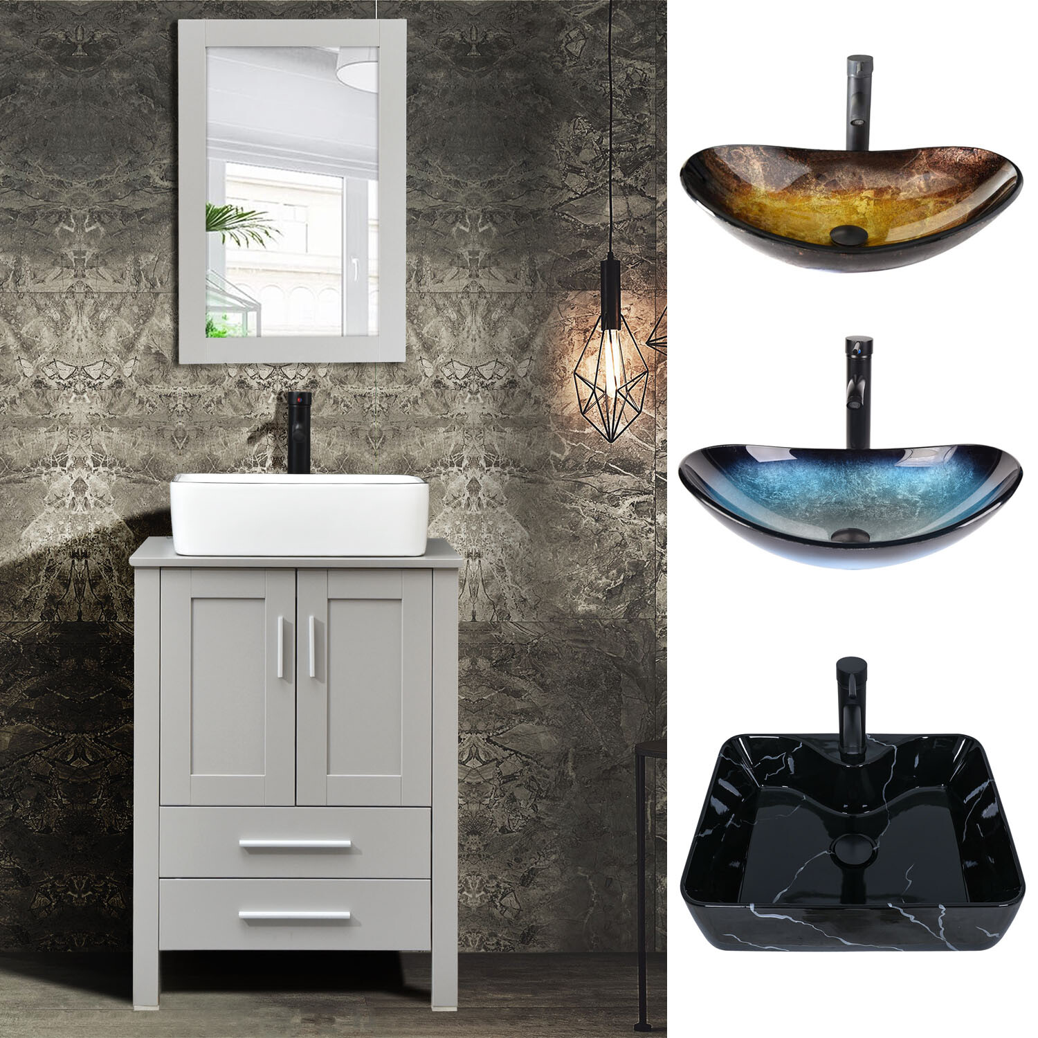 24” Bathroom Vanity Cabinet Vessel Sink Combo Set Mirror Faucet Pop up Drain US