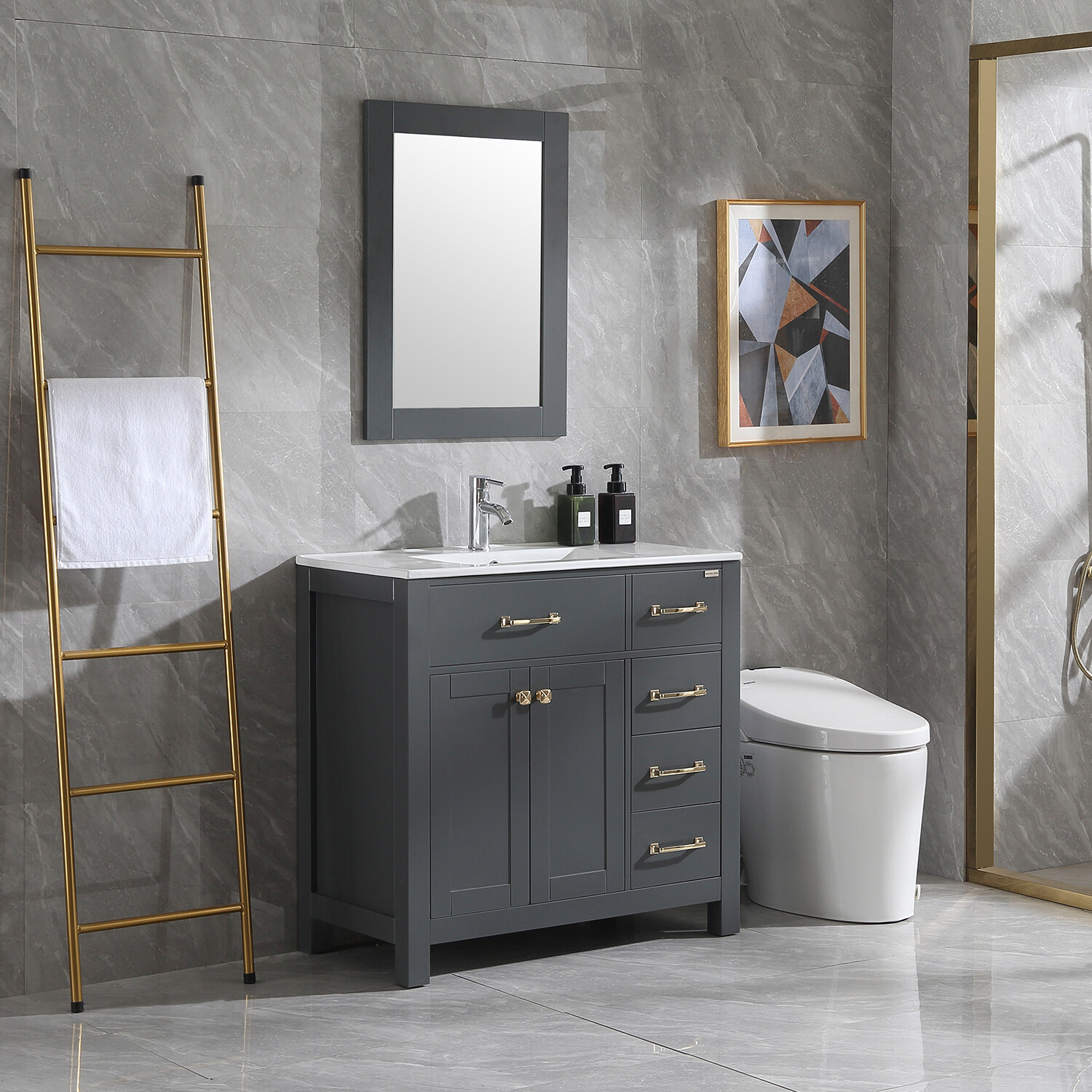 36″ Bathroom Vanity White Ceramic Sink Undermount Cabinet W/Faucet Drain Mirror