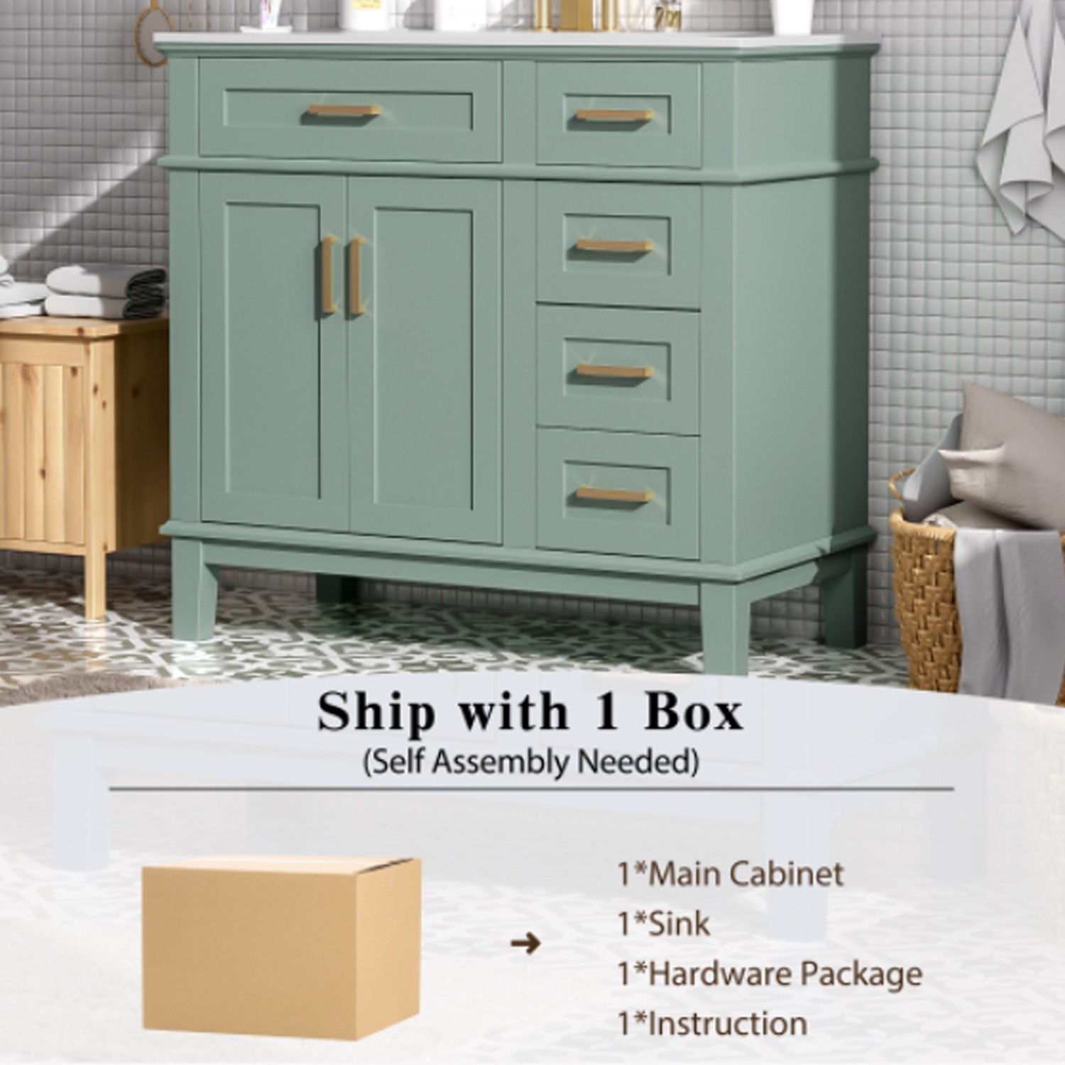 36”W Modern Bathroom Vanity Light Green Vanity For Bathroom With Three Drawers