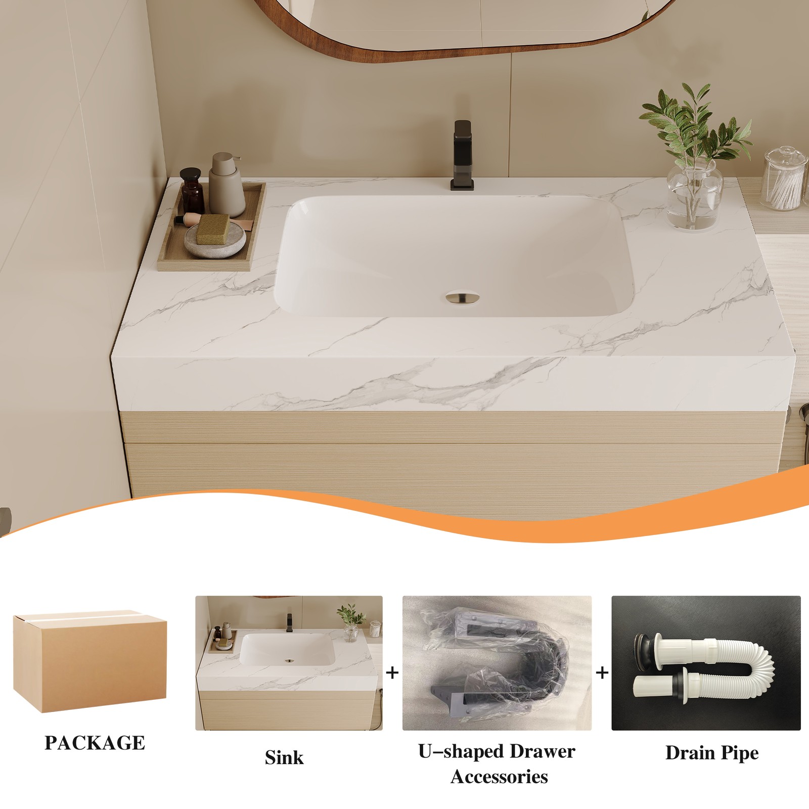 29.9″ Modern Floating Bathroom Vanity with Faux Marble Top and Ceramic Sink