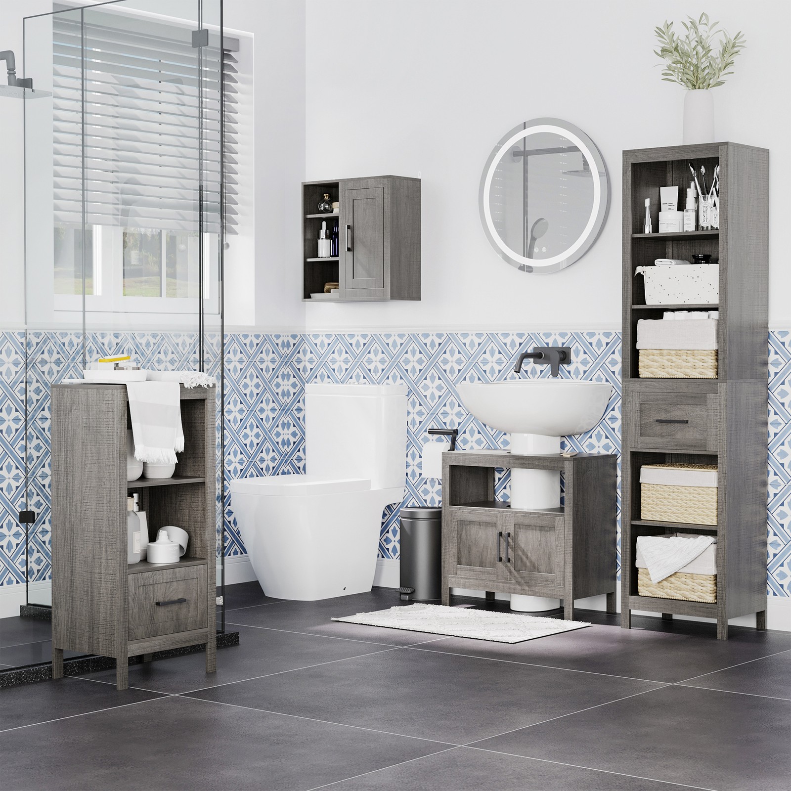 Wooden Pedestal Under Sink Storage Cabinet, Bathroom Organizer w/ 2 Doors, Grey
