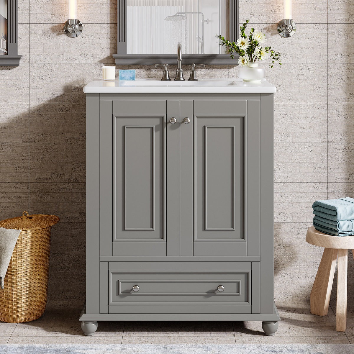24″ Bathroom Vanity with Ceramic Sink Combo Freestanding Bathroom Vanity Cabinet
