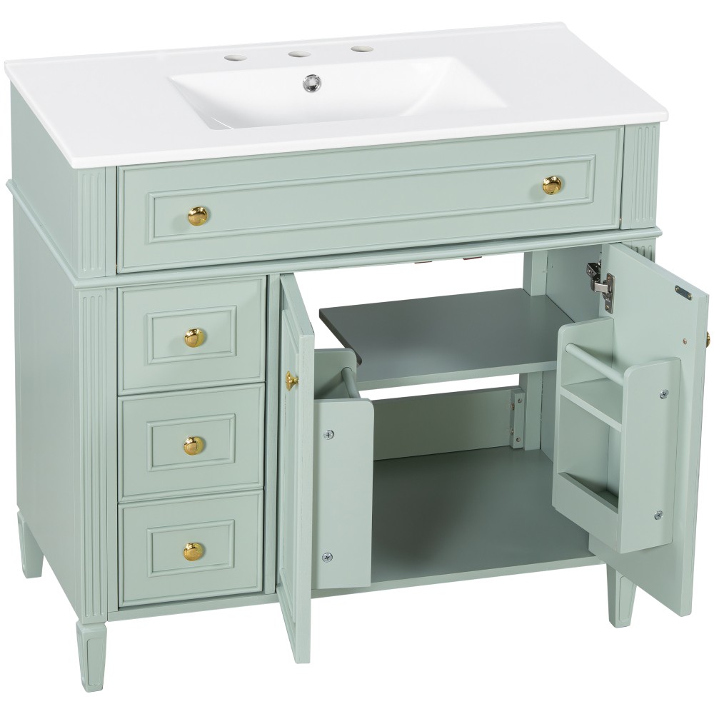 36 Inch Bathroom Vanity with Sink, Green Solid Wood Cabinet with Flip-Out Drawer