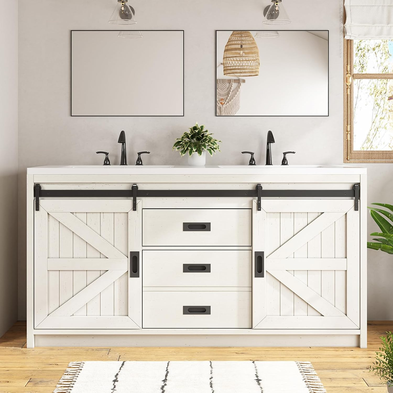 61″ Farmhouse Sliding Barn Door Double Vanity with Sink Combo, Freestanding Bath