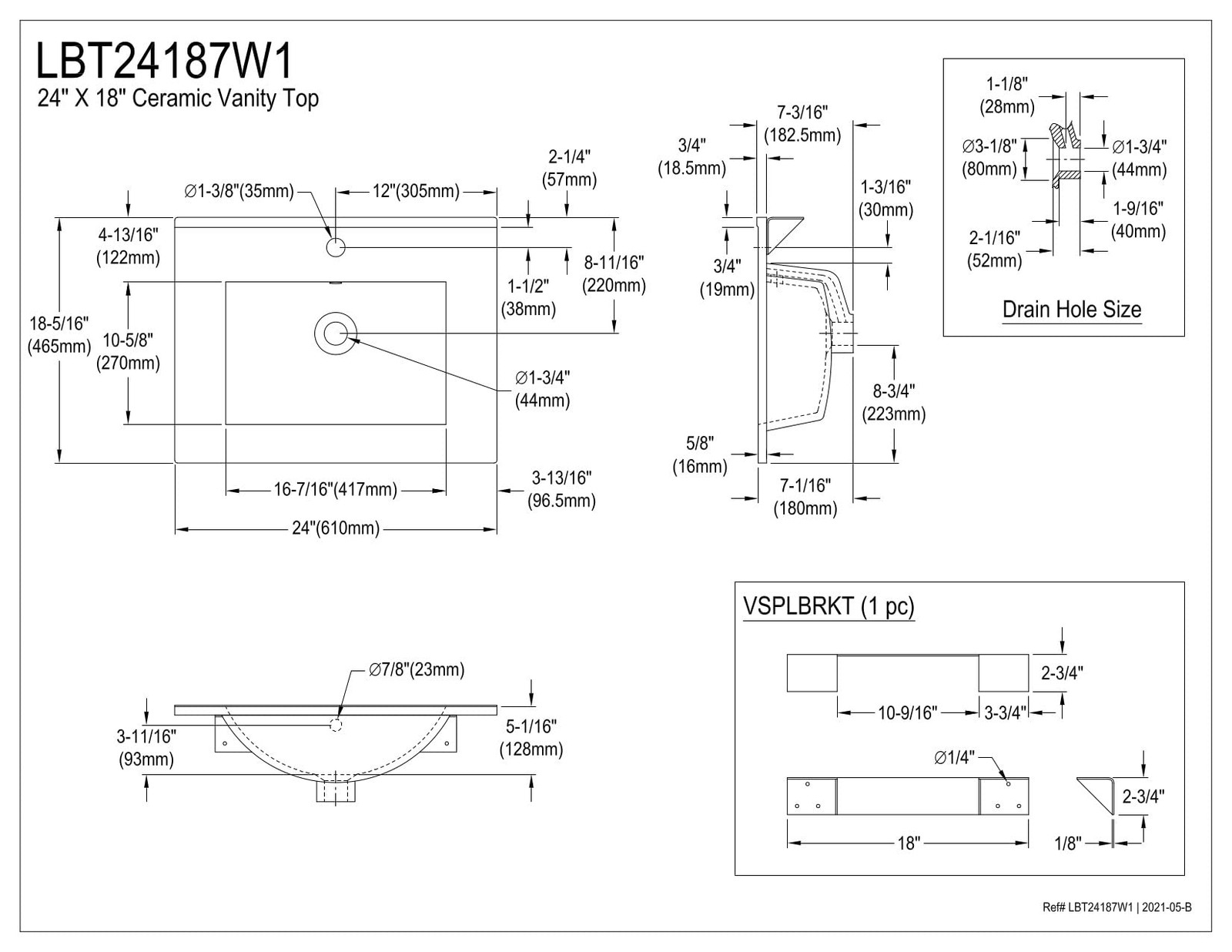 Kingston Brass LBT24187W1 Ultra Modern 24-Inch Ceramic Vanity Sink Top (1 Hole)