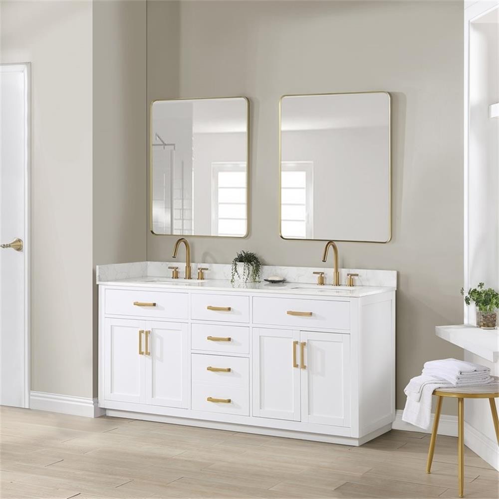 Gavino 72″ Wood Vanity in White with Grain White Composite Stone Top and Mirror