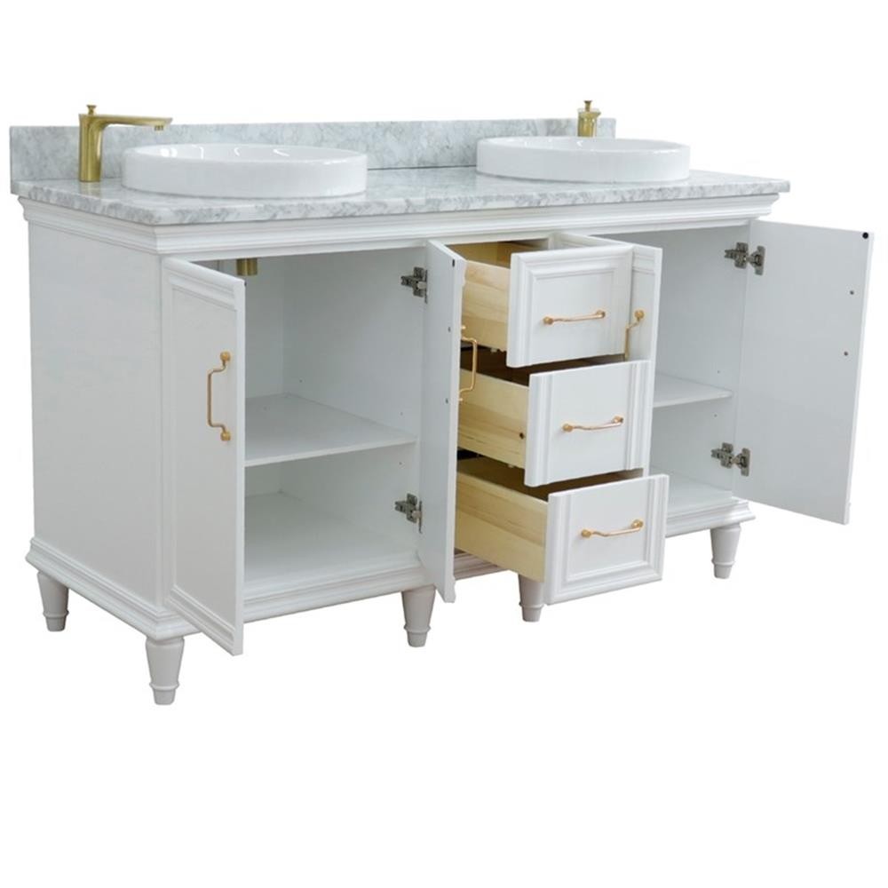 61 in. Double Wooden Vanity White White Carrara Marble Round Sink