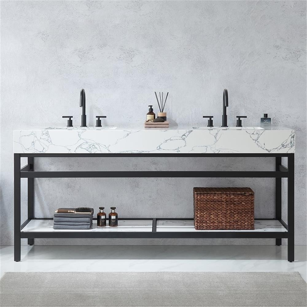 Ecija 72″ Double Matte Black Metal Bath Vanity with Pandora White Composite Top