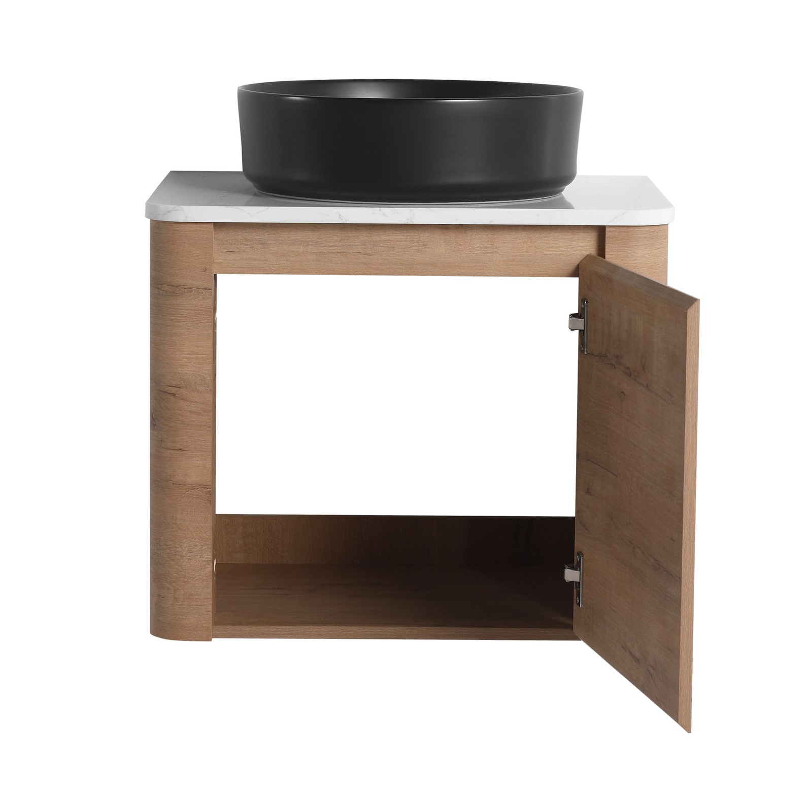 24 In Bathroom Vanity With White Flat Stone Slab Top Black Ceramic Vessel Sink