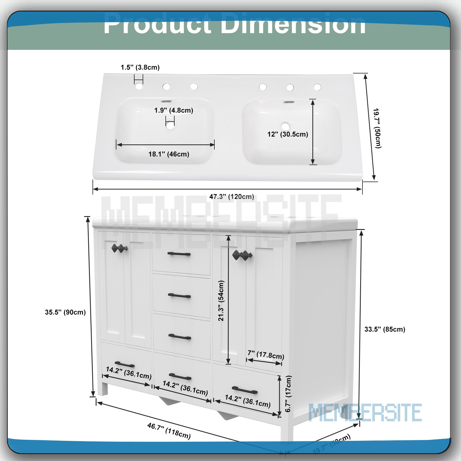 47.3″ Bathroom Vanity w/Double Ceramic Sinks Cabinet and 5 Drawers Freestanding