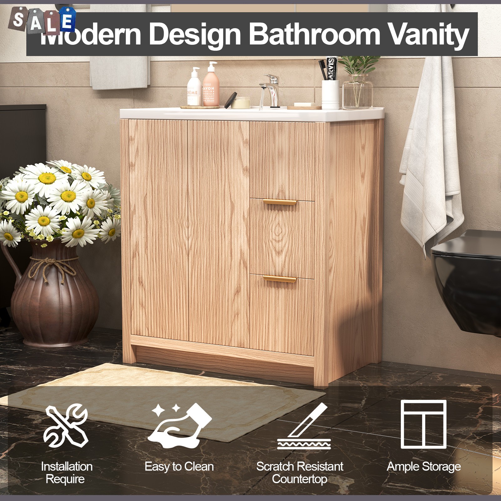 31 Inch Vanity Wood Bathroom Vanity Cabinet W/ Countertop Ceramic Sinkl