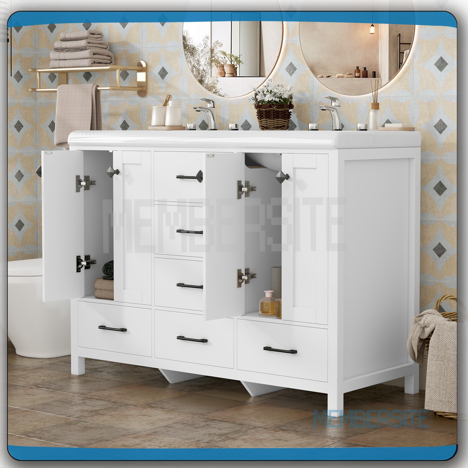 Bathroom Vanity 47.3″ Double Sink Ceramic Freestanding Cabinet Wood Grain White