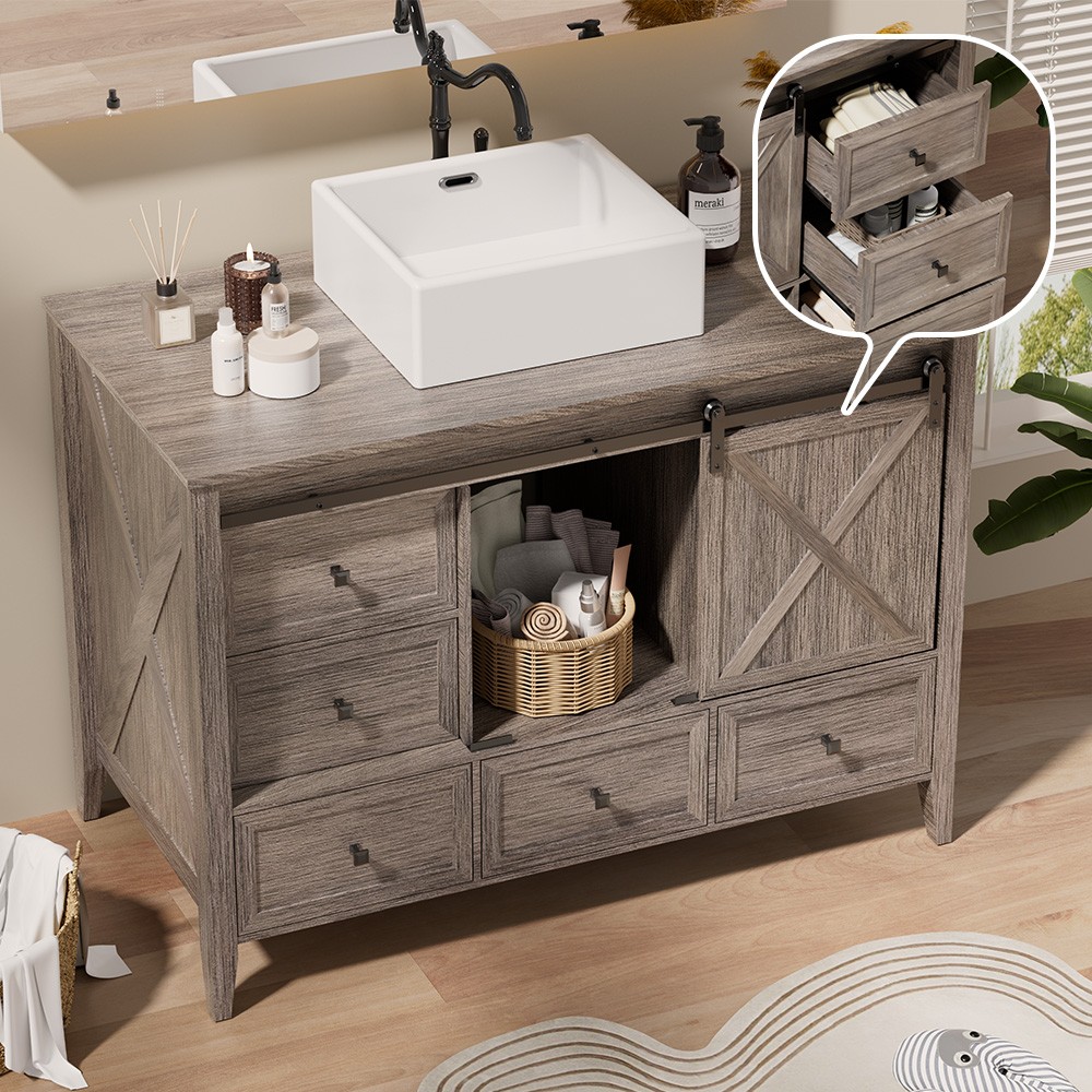 48-inch Freestanding Cabinet Bathroom Vanity with Sink Ceramic Sliding Barn Door