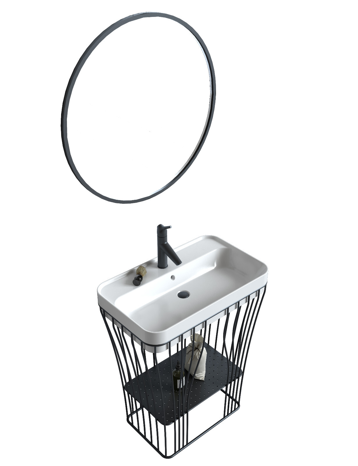 30″ Single Sink Metal Vanity Set with Round Mirror, Matte Black, Stainless Steel