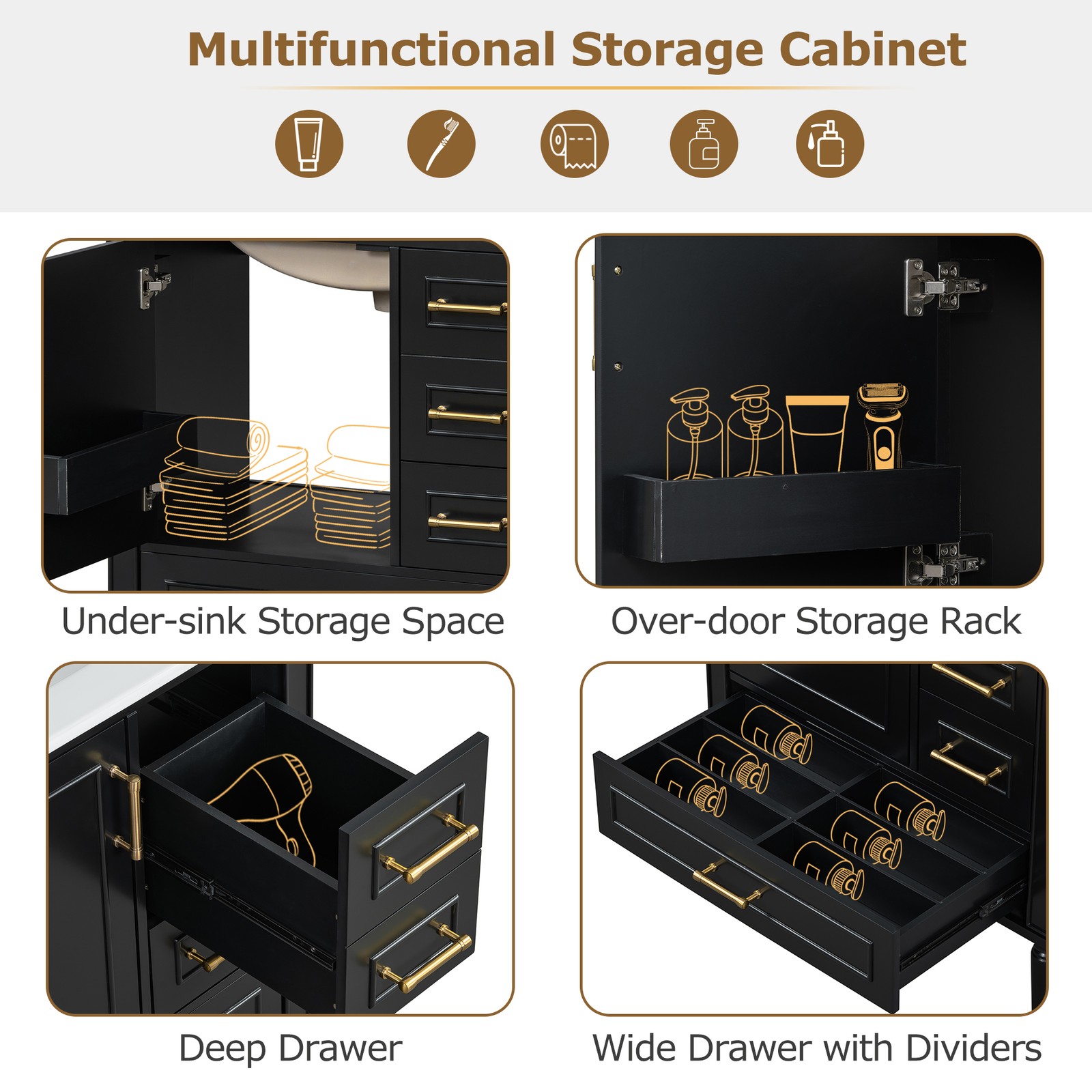 30″ Black Bathroom Vanity Set with 3 Drawers & Gold Handles