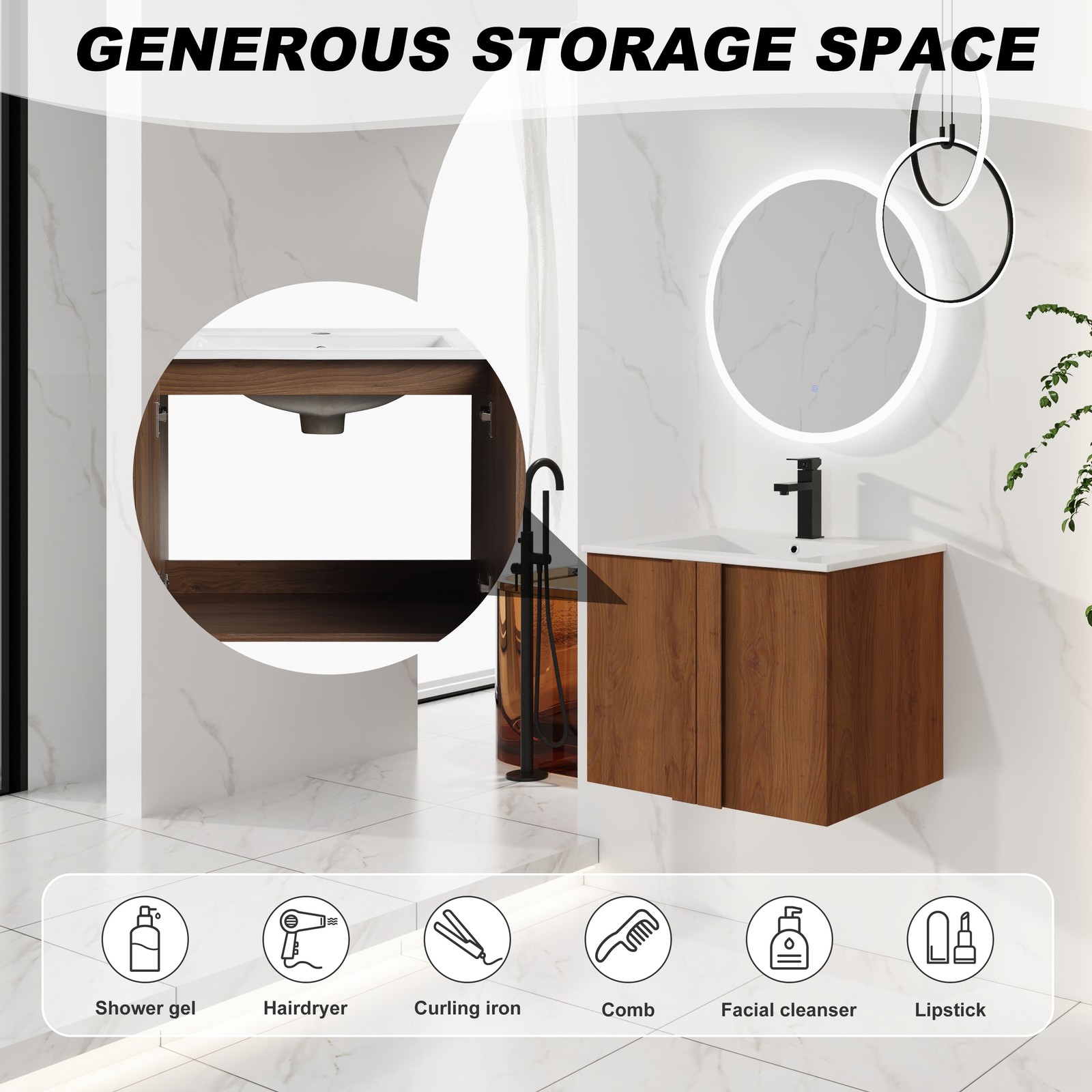 24″ Floating Bathroom Vanity with Sink, Brown Ebony Cabinet, Soft-Close Doors