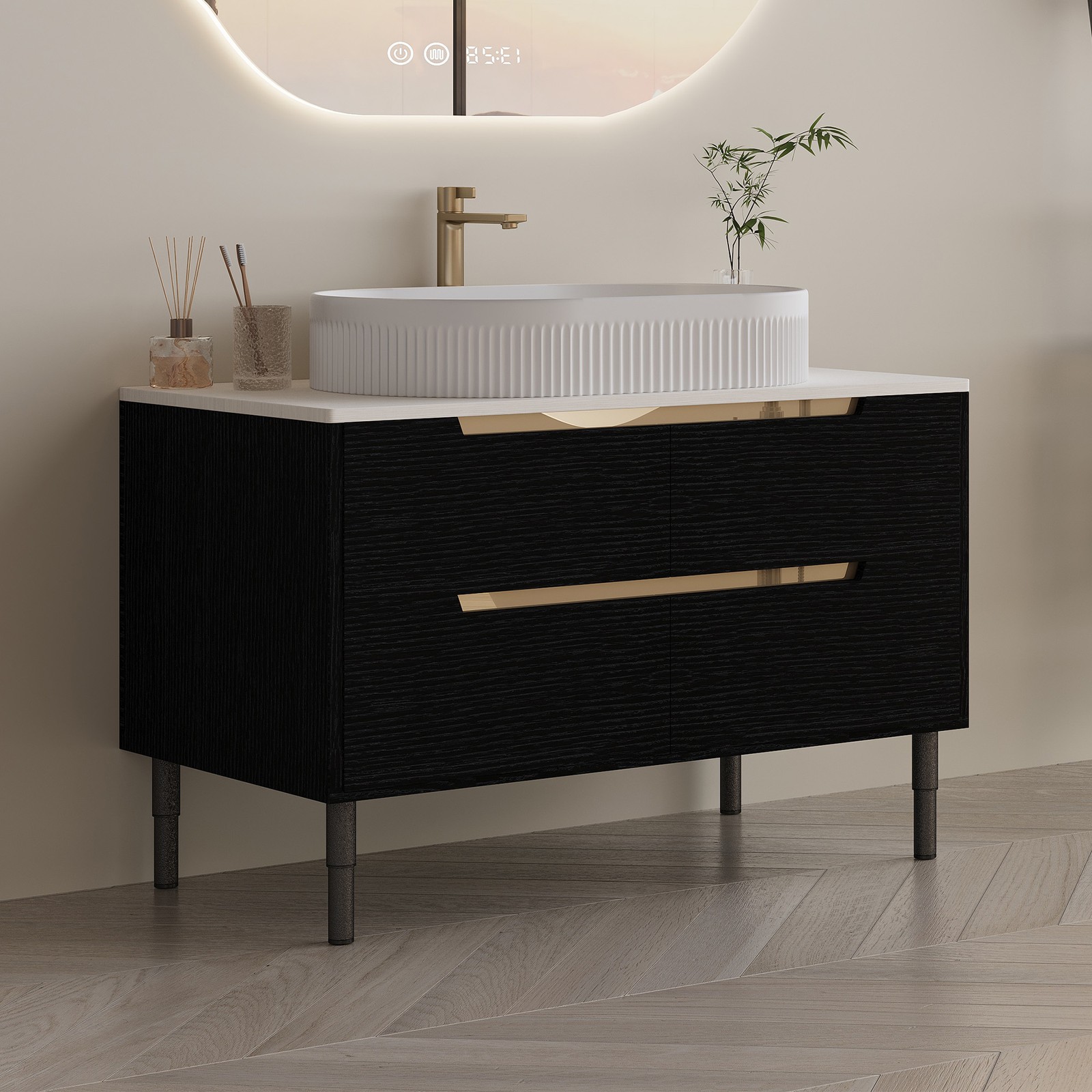 Bathroom Vanity w/Ceramic Integrated Sink, Storage Cabinet w/Soft-Close Drawers