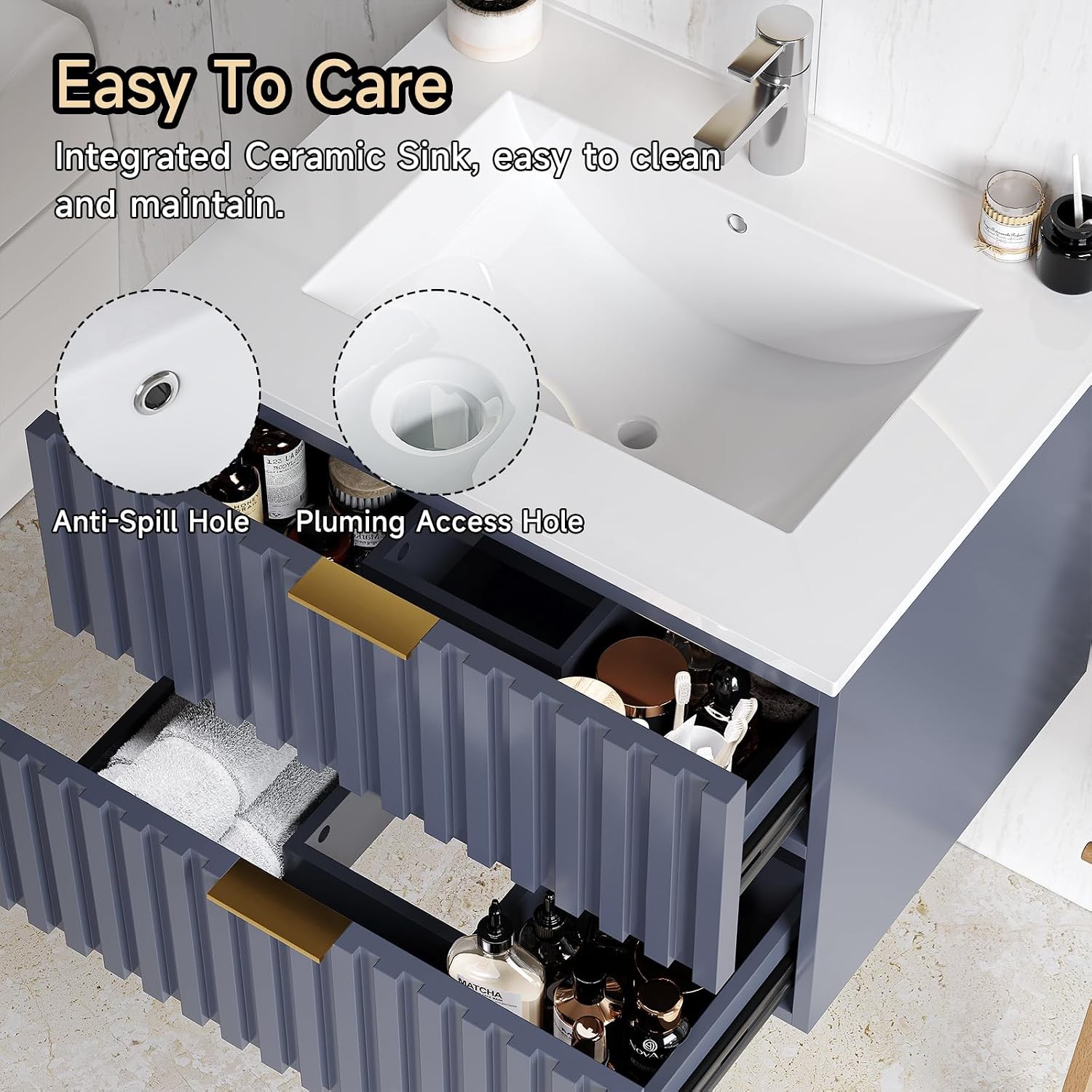 24 Inch Bathroom Vanity with Sink Combo Floating Bathroom Vanity with 2 Fluted